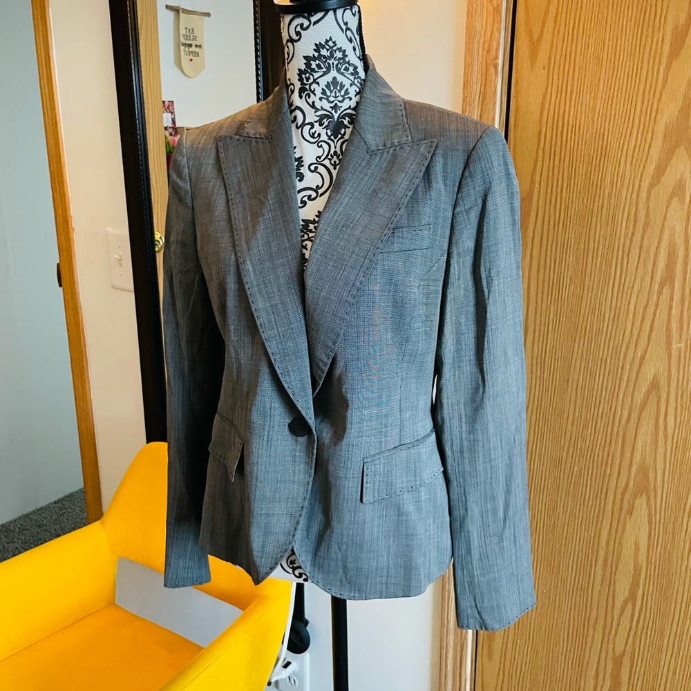 Lafayette 148 Women’s Grey Wool Blend Contrast Stitching One Button Blazer Sz 8